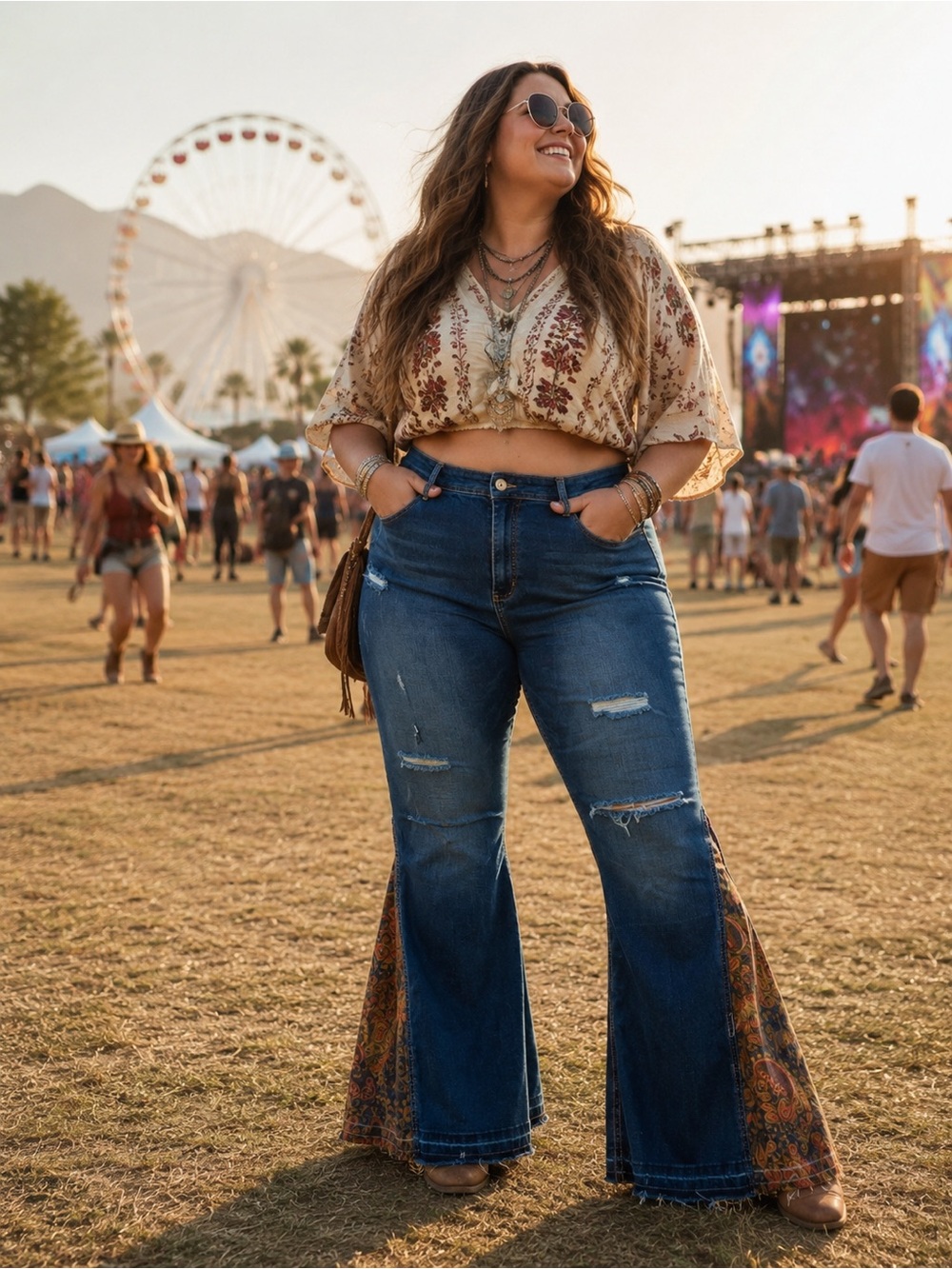 Plus Size 26W Distressed Denim Flare Jeans Paisley Bell Bottom Boho